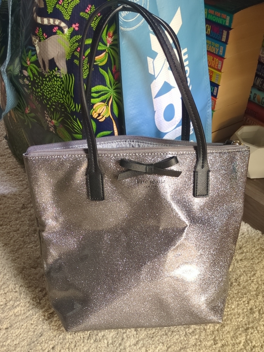 Glitter Tote Bag with Bow Accent - Silver